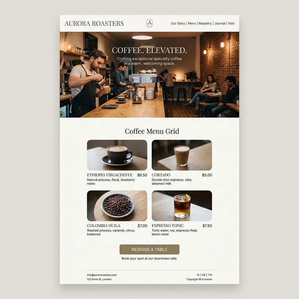 Preview desain website Kafe Kopi Kita dengan menu dan sistem reservasi meja