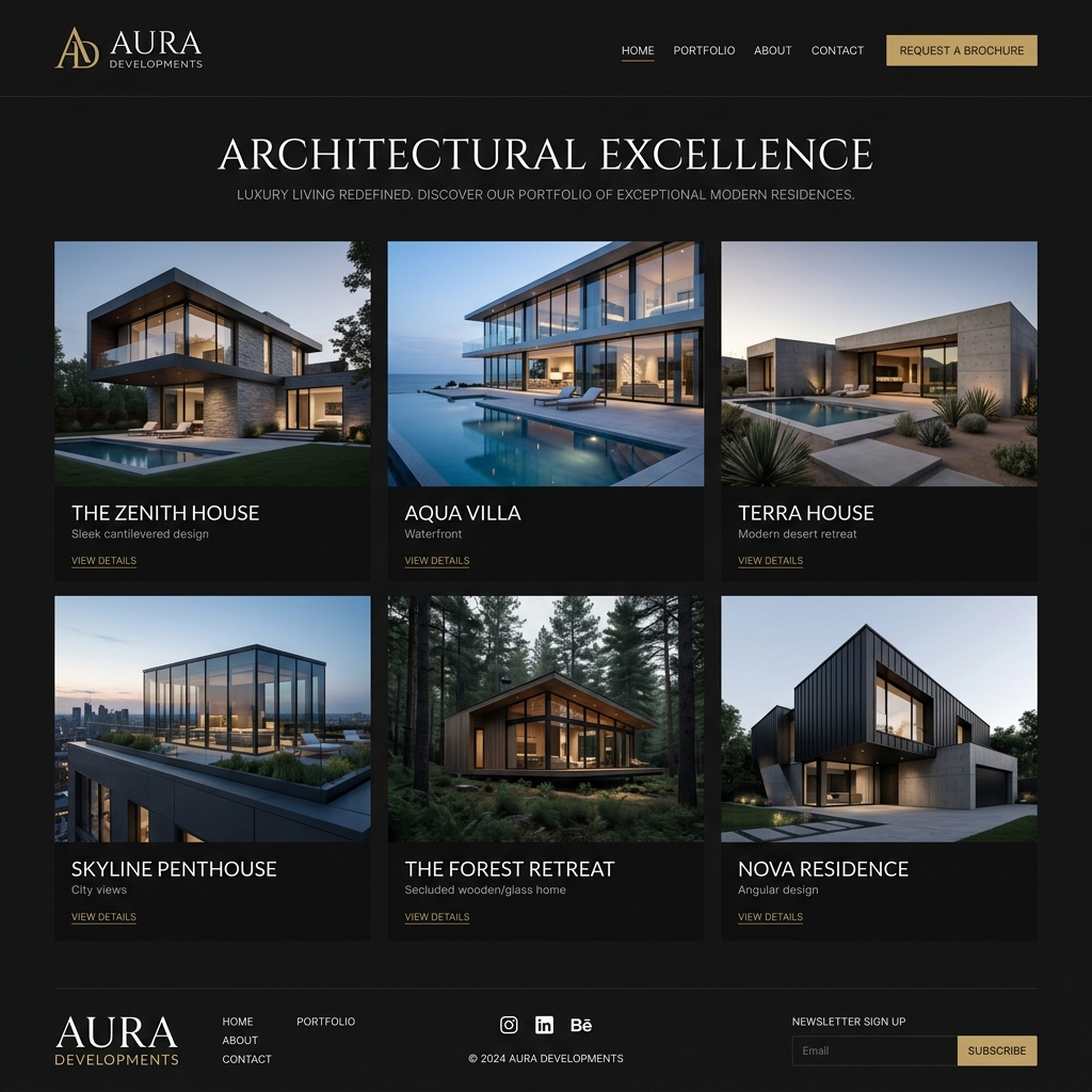 Preview desain website Aura Developments dengan galeri properti dan formulir kontak